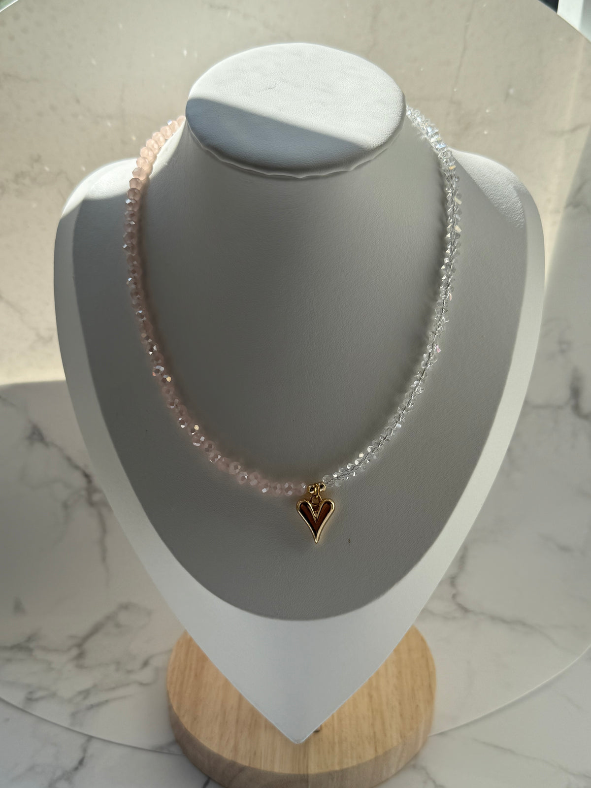Perlenkette mit Rosa und Durchsichtigen Kristallperlen + Herz Anhänger - 2367