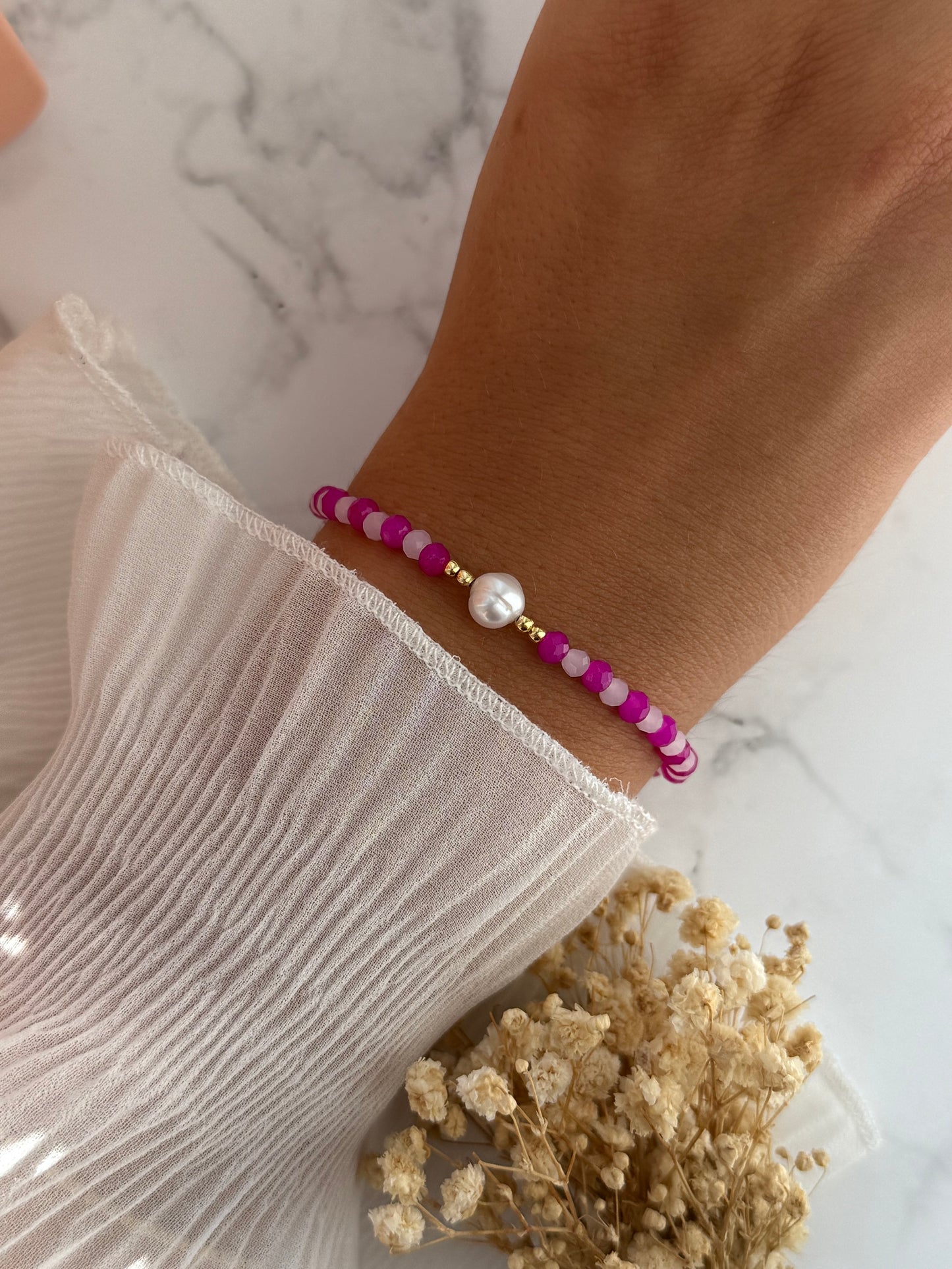 Perlenarmband mit Pinken, Rosa Kristallperlen, Goldenen Perlen + Süßwasserperle  - 2299