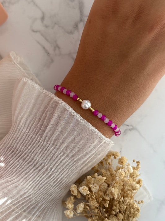 Perlenarmband mit Pinken, Rosa Kristallperlen, Goldenen Perlen + Süßwasserperle  - 2299