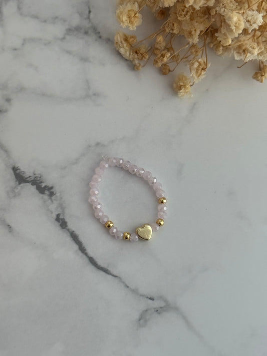 Perlenring mit Rosa Kristallperlen, goldenen Perlen + Herz Anhänger - 2326