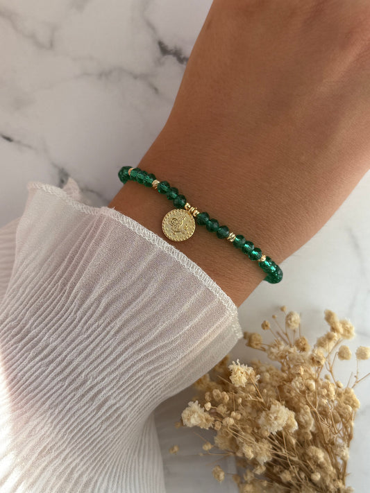 Perlenarmband mit Grünen Kristallperlen, Goldenen Perlen + Taler Anhänger - 2284