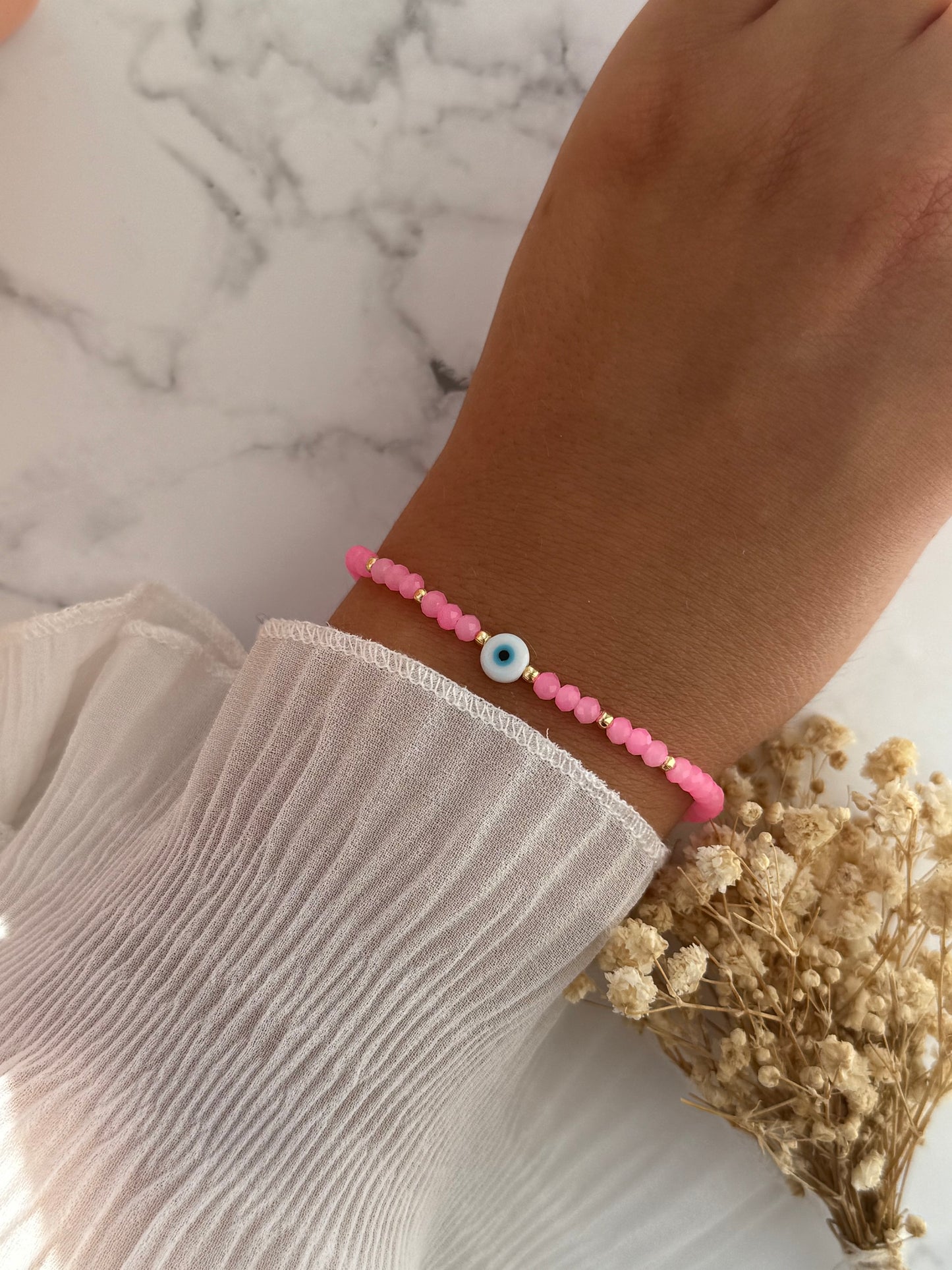 Perlenarmband mit Pinken Perlen Kristallperlen, Goldenen Perlen + Nazar Perle - 2274