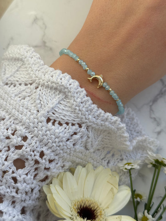 Perlenarmband mit Blauen Kristallperlen und Goldenen Perlen + Delfin Anhänger - 2003