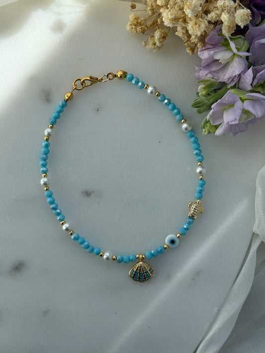 Fußkette mit Blauen Kristallperlen + Muschel, Nazar und Schildkröten Anhänger - 2213