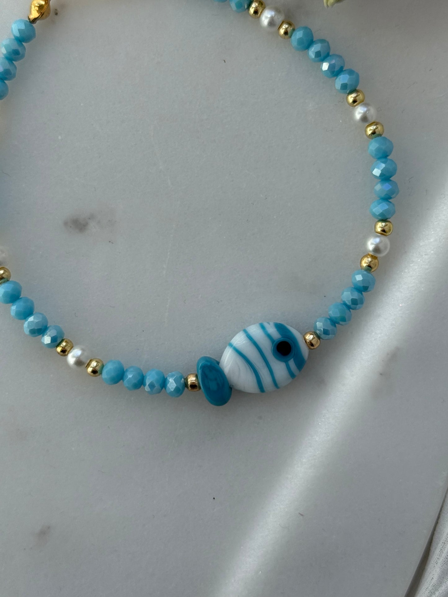 Fußkette mit Blauen Kristallperlen + Fisch Perle - 2214