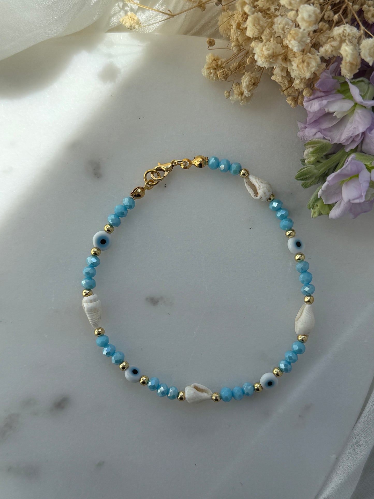 Fußkette mit Blauen Kristallperlen + Nazar und Muschel Perlen - 2211