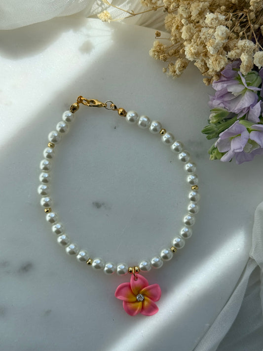 Fußkette mit Weißen Glasperlen + Blumen Anhänger - 2215