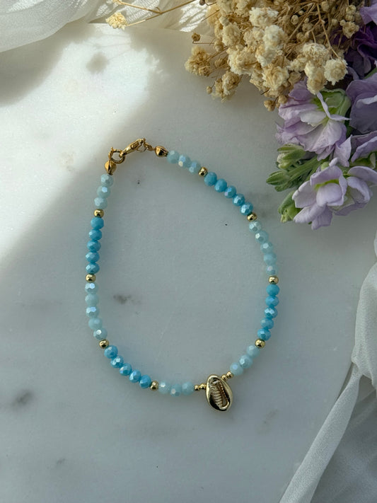 Fußkette mit Blauen Kristallperlen + Muschel Anhänger - 2209