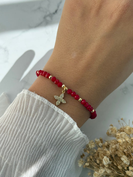 Perlenarmband mit Roten Kristallperlen + Goldenen Perlen + Kleeblatt Anhänger - 2396
