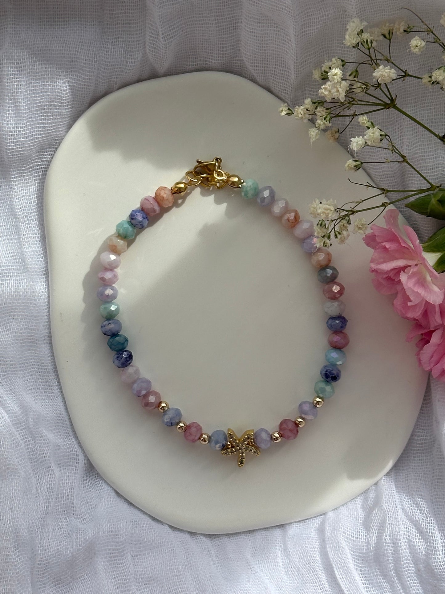 Fußkette mit Bunten Kristallperlen + Seestern Anhänger - 10601