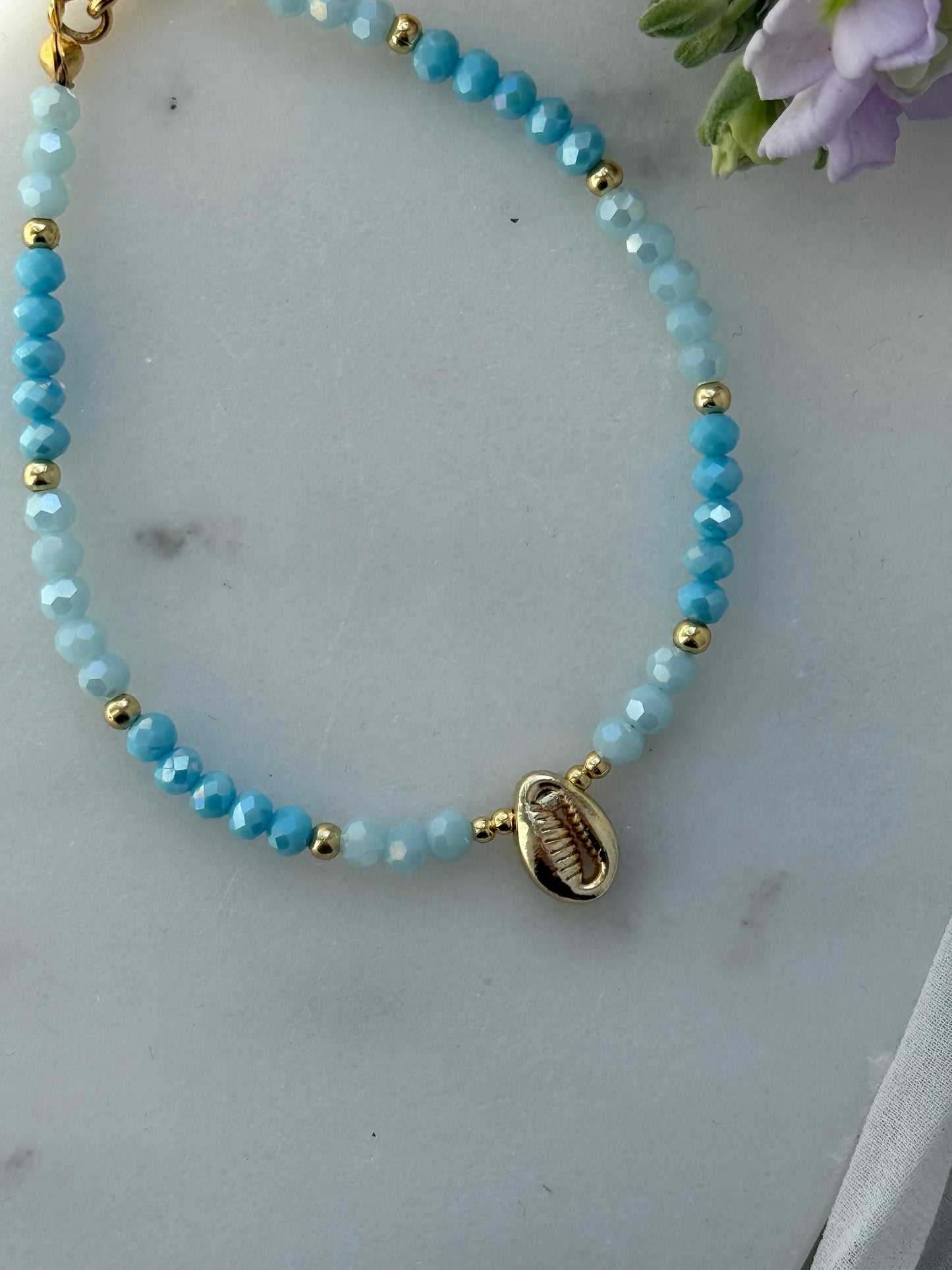 Fußkette mit Blauen Kristallperlen + Muschel Anhänger - 2209