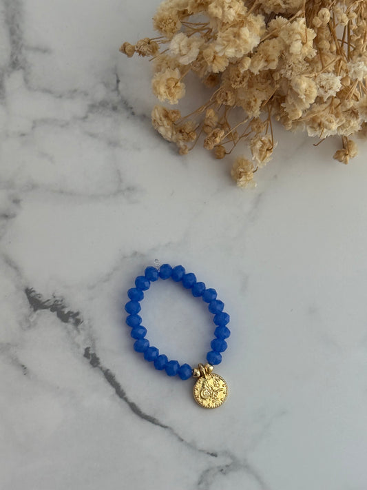 Perlenring mit Blauen Kristallperlen, goldenen Perlen + Goldene Taler Anhänger - 2324