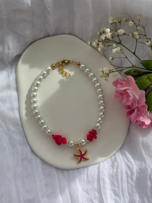 Fußkette mit Weißen Perlen und Pinken Edelsteinen + Seestern Anhänger - 10596