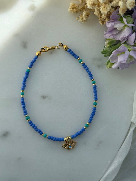 Fußkette mit Blauen Perlen + Nazar Anhänger - 2210