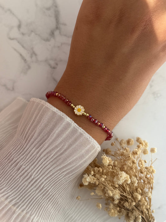 Perlenarmband mit Roten Kristallperlen, Goldenen Perlen + Blumen Anhänger - 2301