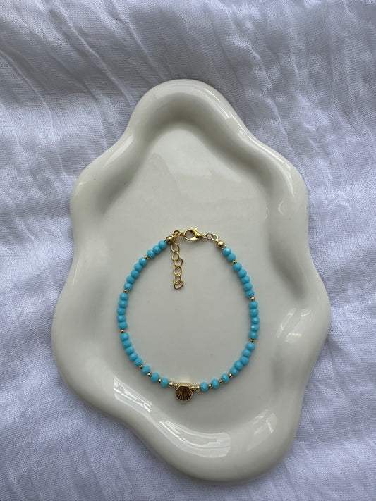 Fußkette mit Blauen und Goldenen Perlen + Muschel Anhänger - 10082