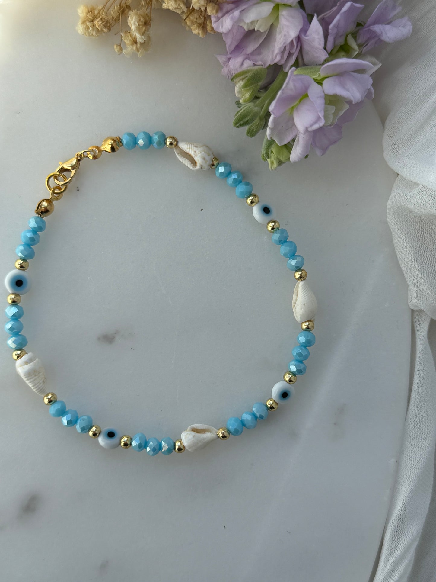 Fußkette mit Blauen Kristallperlen + Nazar und Muschel Perlen - 2211