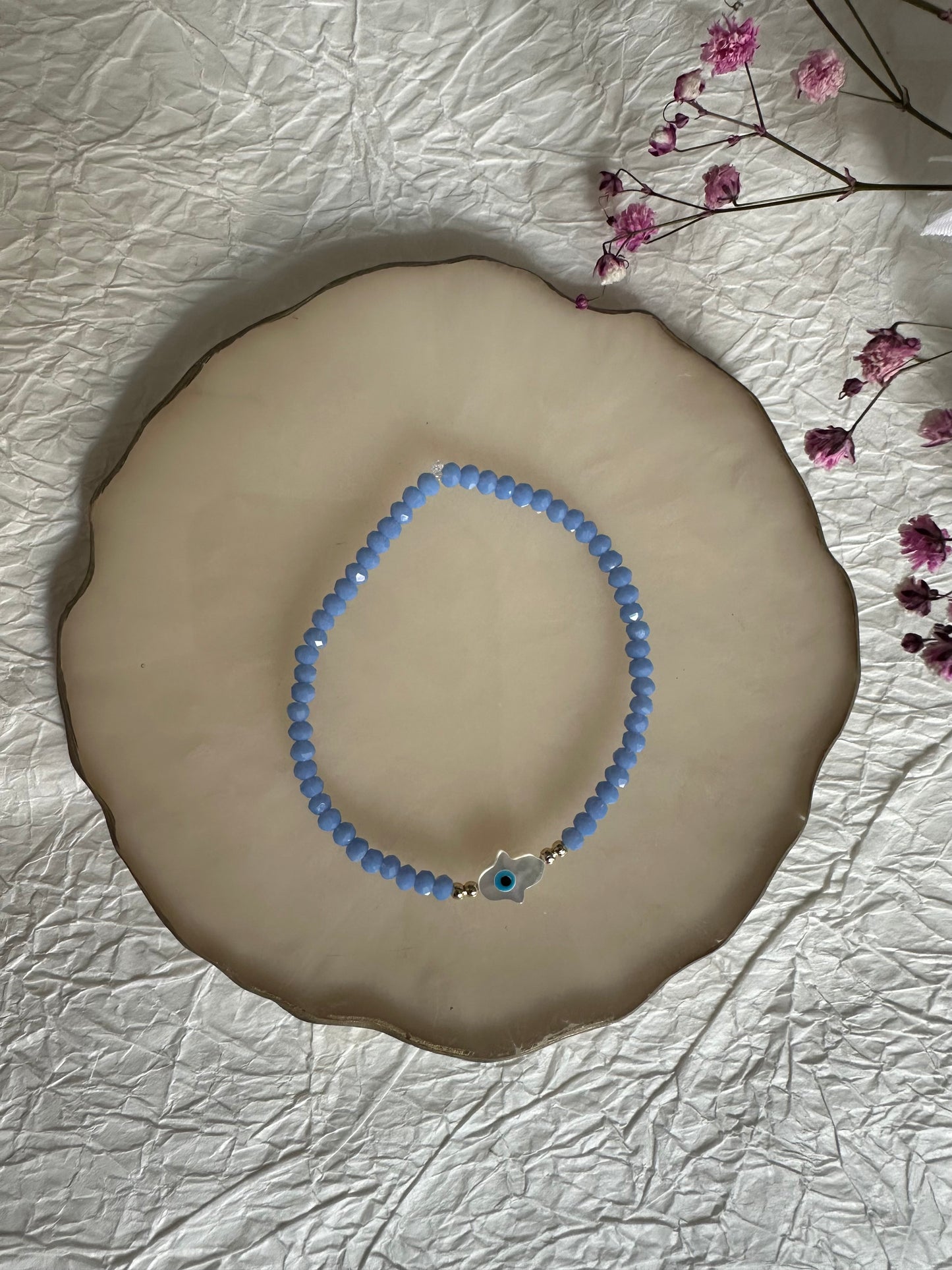 Perlenarmband mit Blauen Kristallperlen und Fatimas Hand - 10247