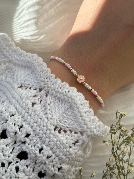 Perlenarmband mit Weißen und Rosanen Perlen, + Goldenen Perlen + Blumen Anhänger - 2127