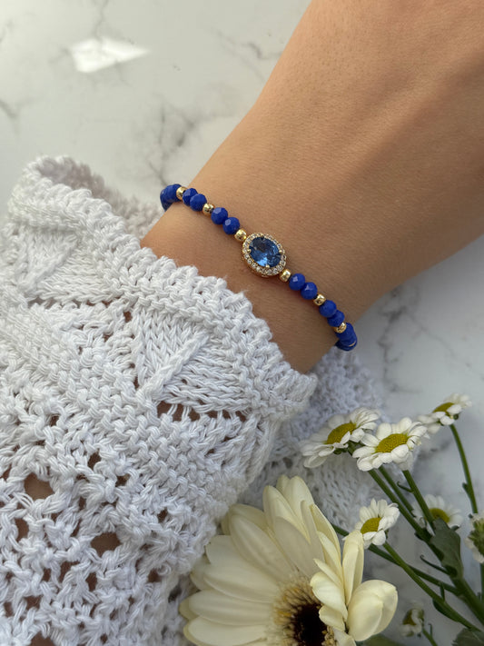 Perlenarmband mit Blauen Kristallperlen und Goldenen Perlen + Zirkonia Anhänger - 2037