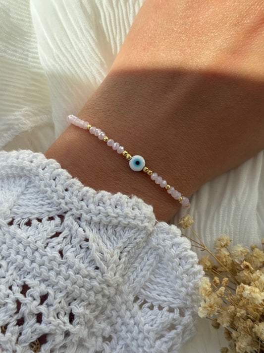 Perlenarmband mit Rosa Kristallperlen, Goldenen Perlen + Nazar Perle - 2235