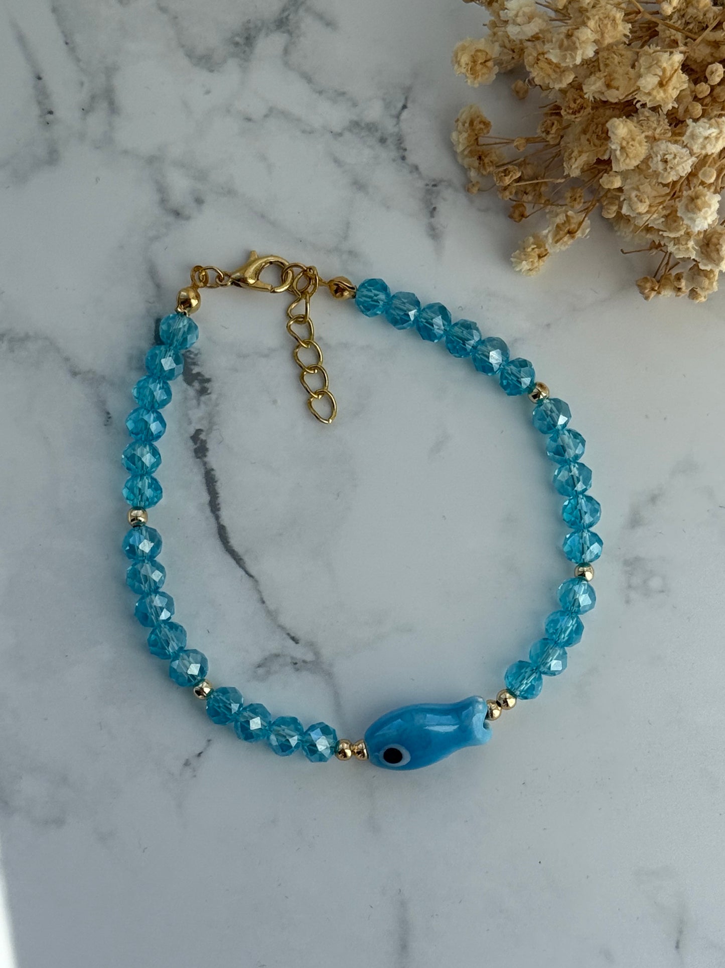 Fußkette mit Blauen Kristallperlen, Goldene Perlen + Fisch Anhänger - 2343