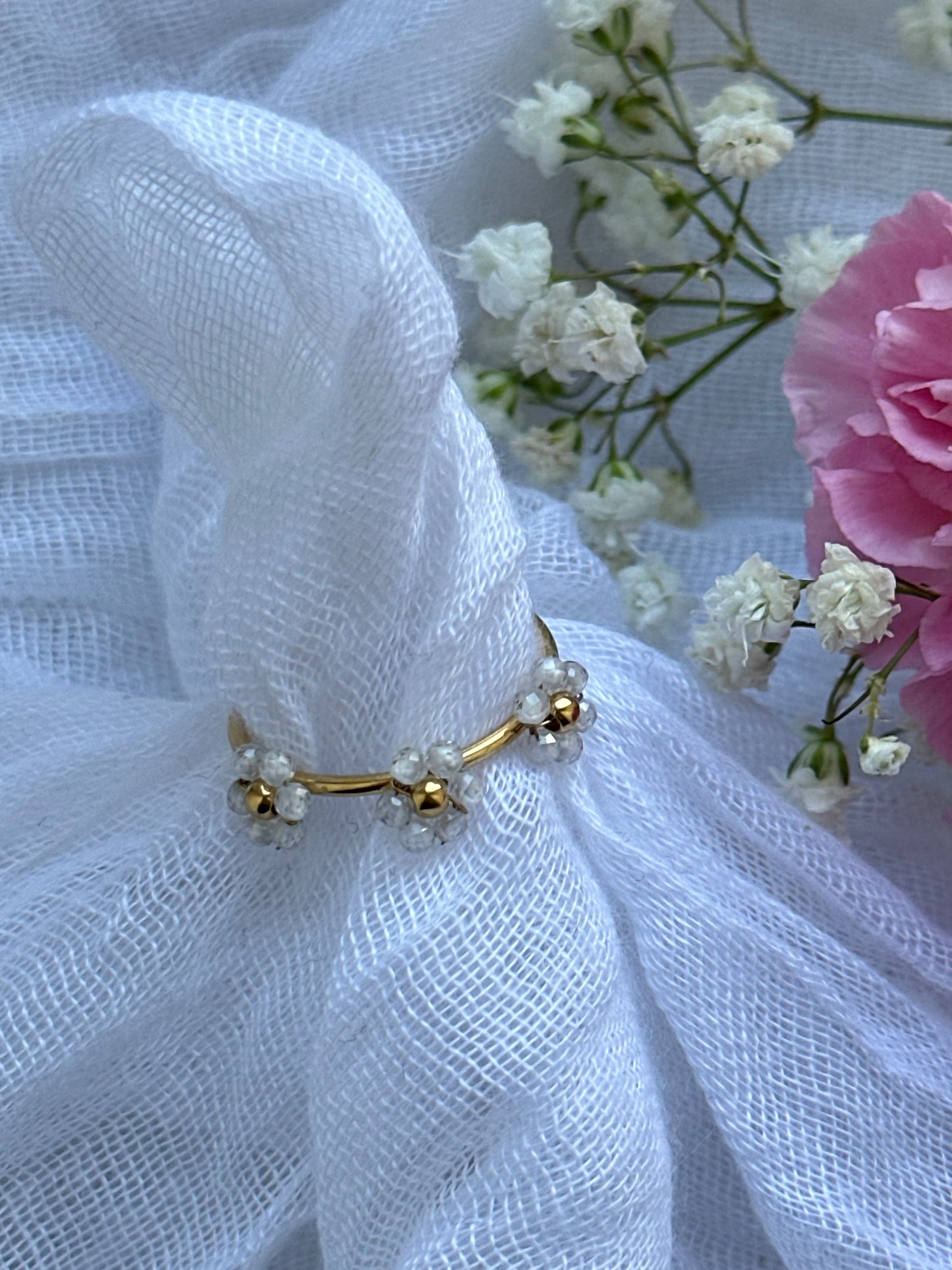 Verstellbarer Ring Flower Weiß Gold - 10657