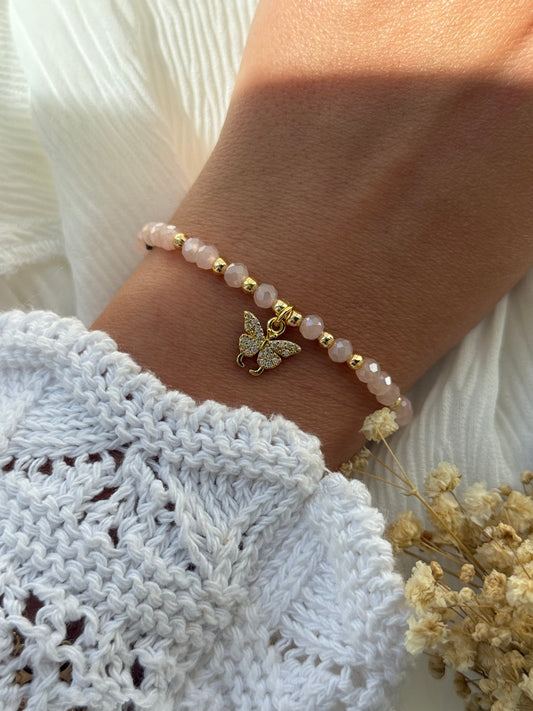Perlenarmband mit Rosa Kristallperlen und Goldenen Perlen + Schmetterling Anhänger - 2243