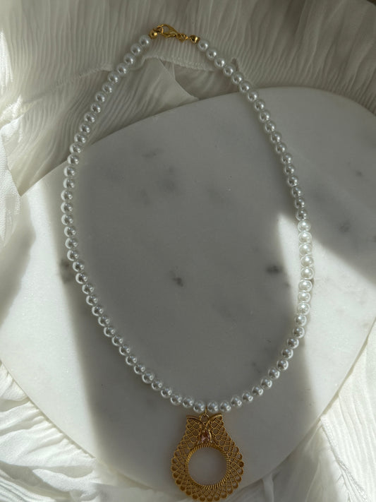 Perlenkette mit Weißen Glasperlen + Rahmen für Ceyrek - 2187
