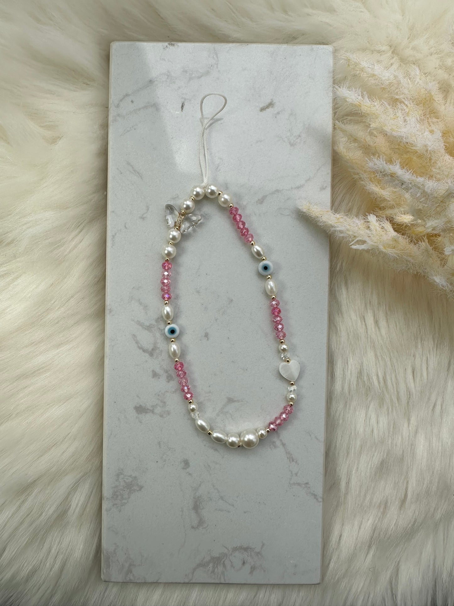 Handykette mit Rosa Kristallperlen und Nazar - 10084