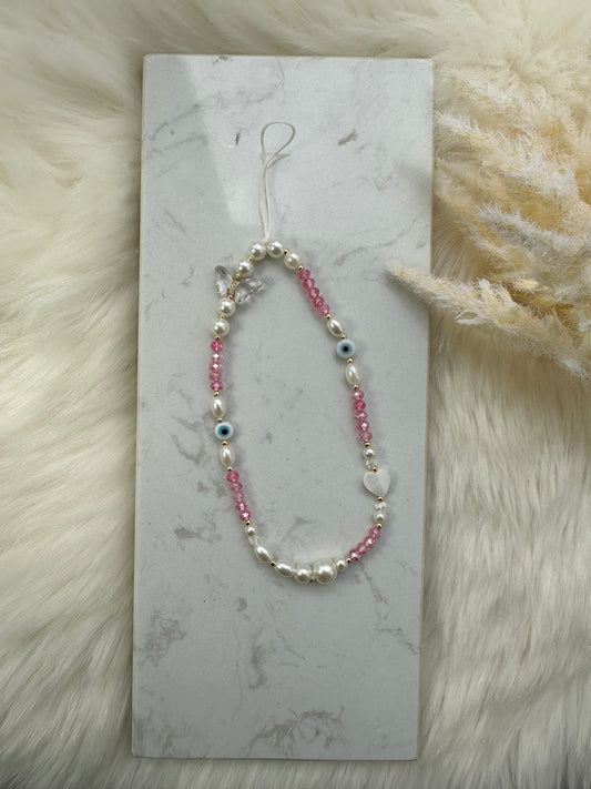 Handykette mit Rosa Kristallperlen und Nazar - 10084