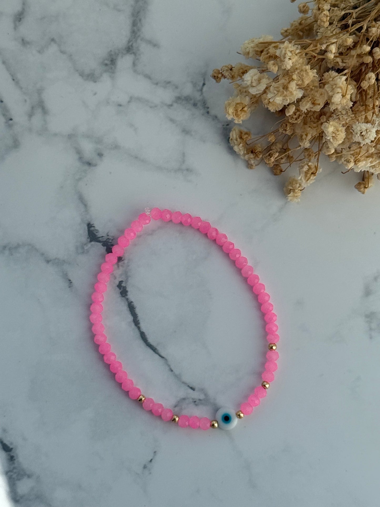 Perlenarmband mit Pinken Perlen Kristallperlen, Goldenen Perlen + Nazar Perle - 2274