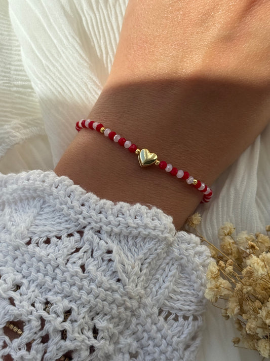 Perlenarmband mit Roten, Rosa Kristallperlen, Goldenen Perlen + Herz Anhänger - 2233