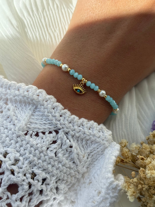 Perlenarmband mit Blauen Kristallperlen und Goldenen Perlen + Nazar Anhänger - 2250