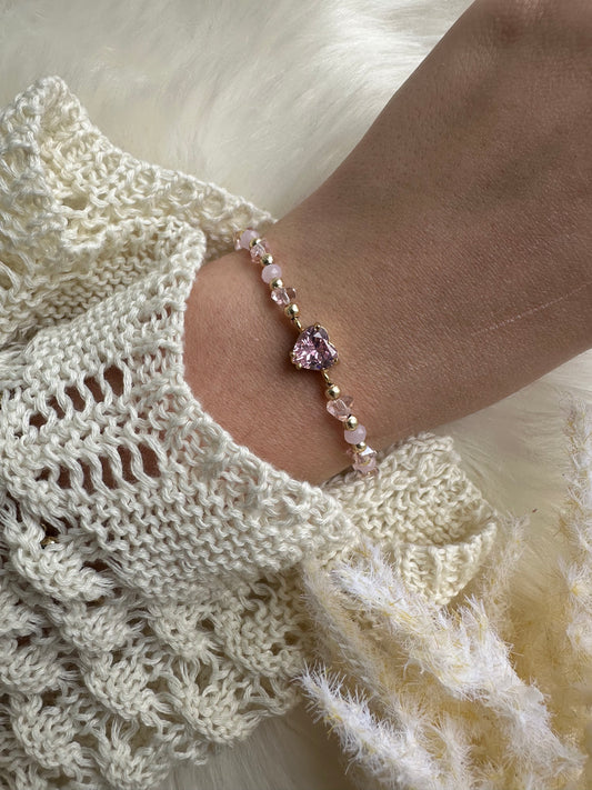 Perlenarmband rosa mit Herz Anhänger - 10483