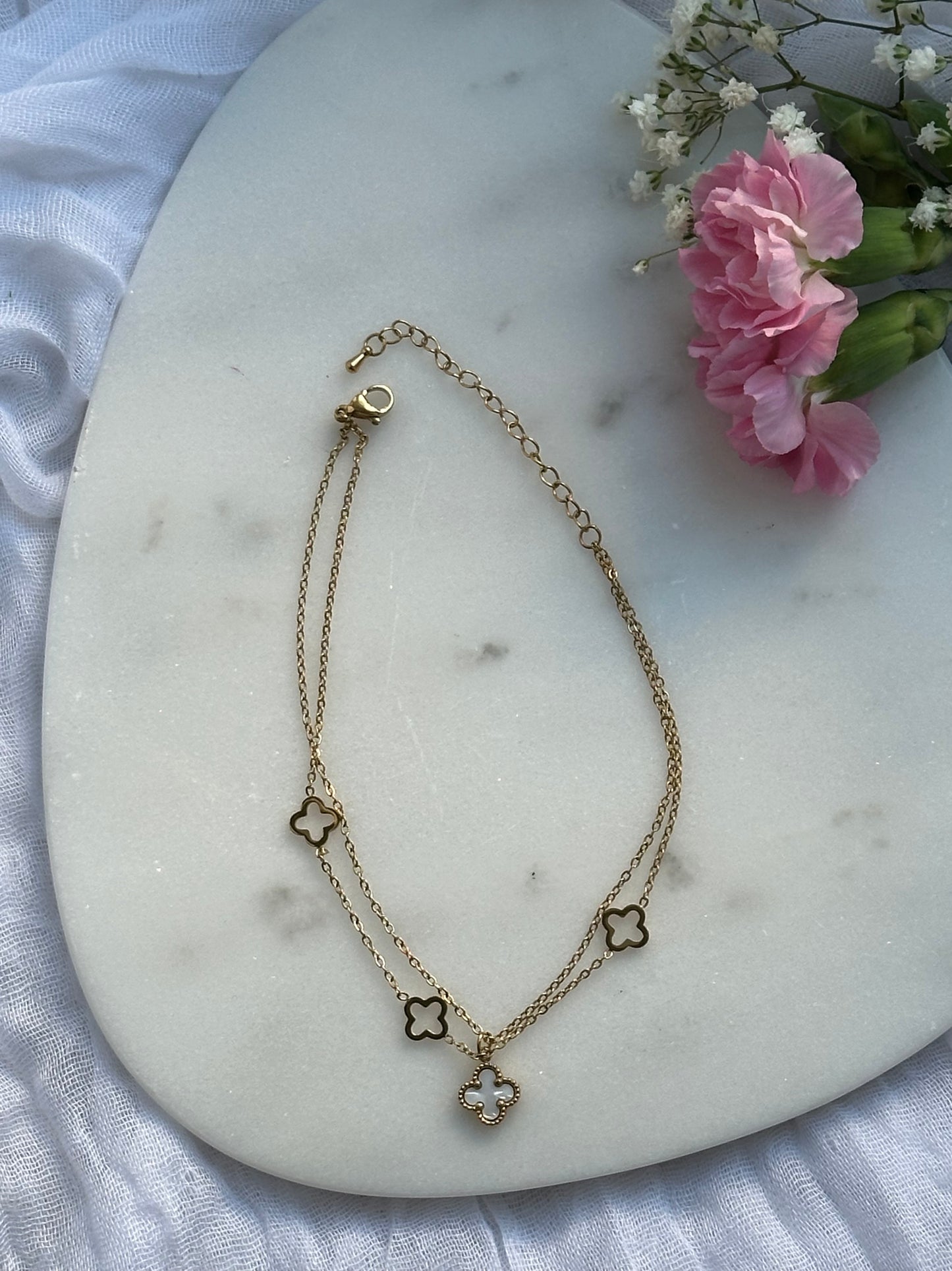 Fußkette mit Kleeblättern Weiß - 10652