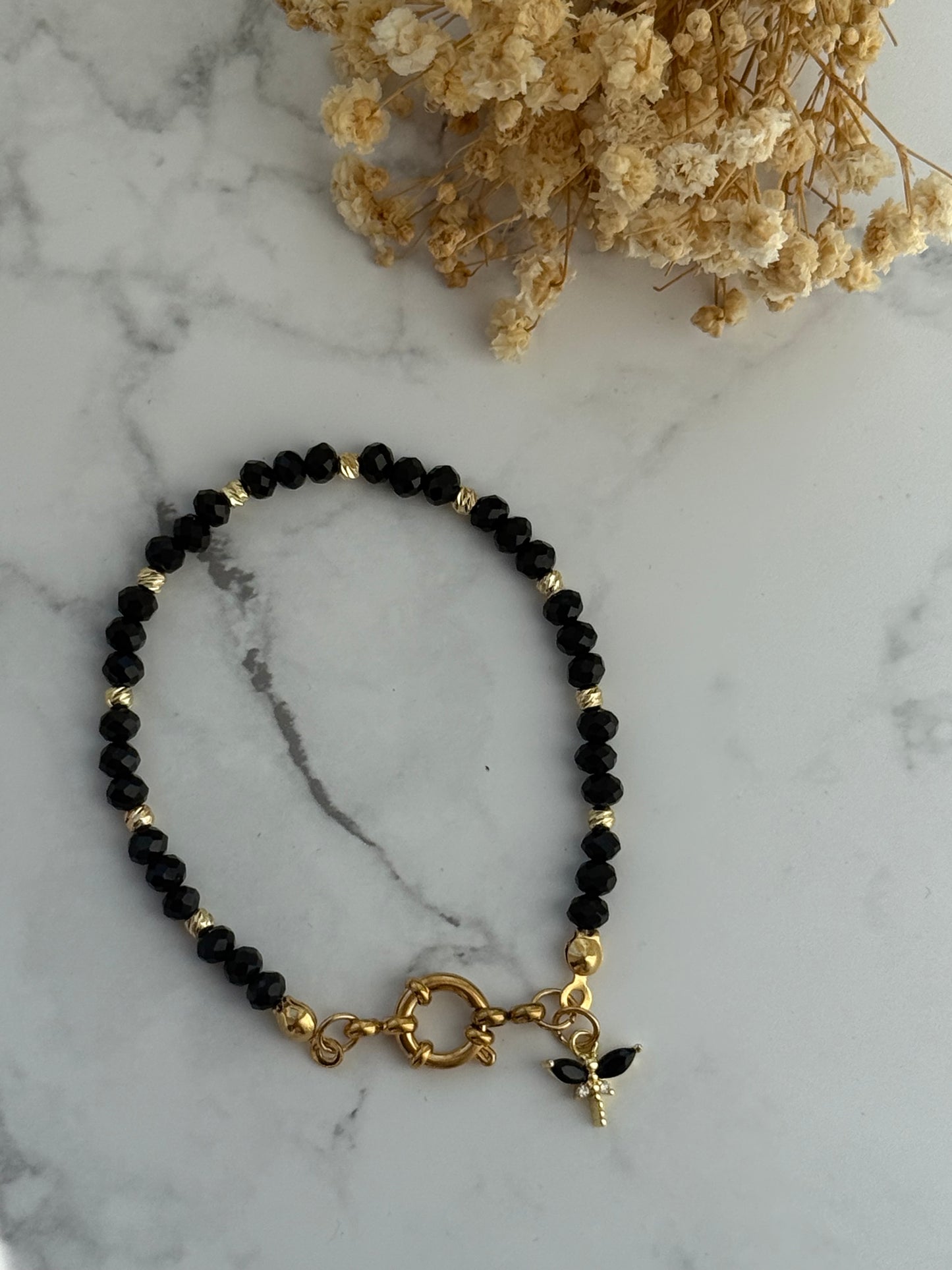 Perlenarmband Schwarzen Kristallperlen + Libellen Anhänger - 2350