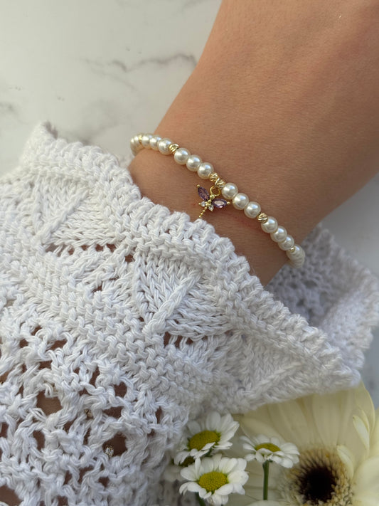 Perlenarmband mit Beigen Glasperlen und Goldenen Perlen + Libellen Anhänger - 2016