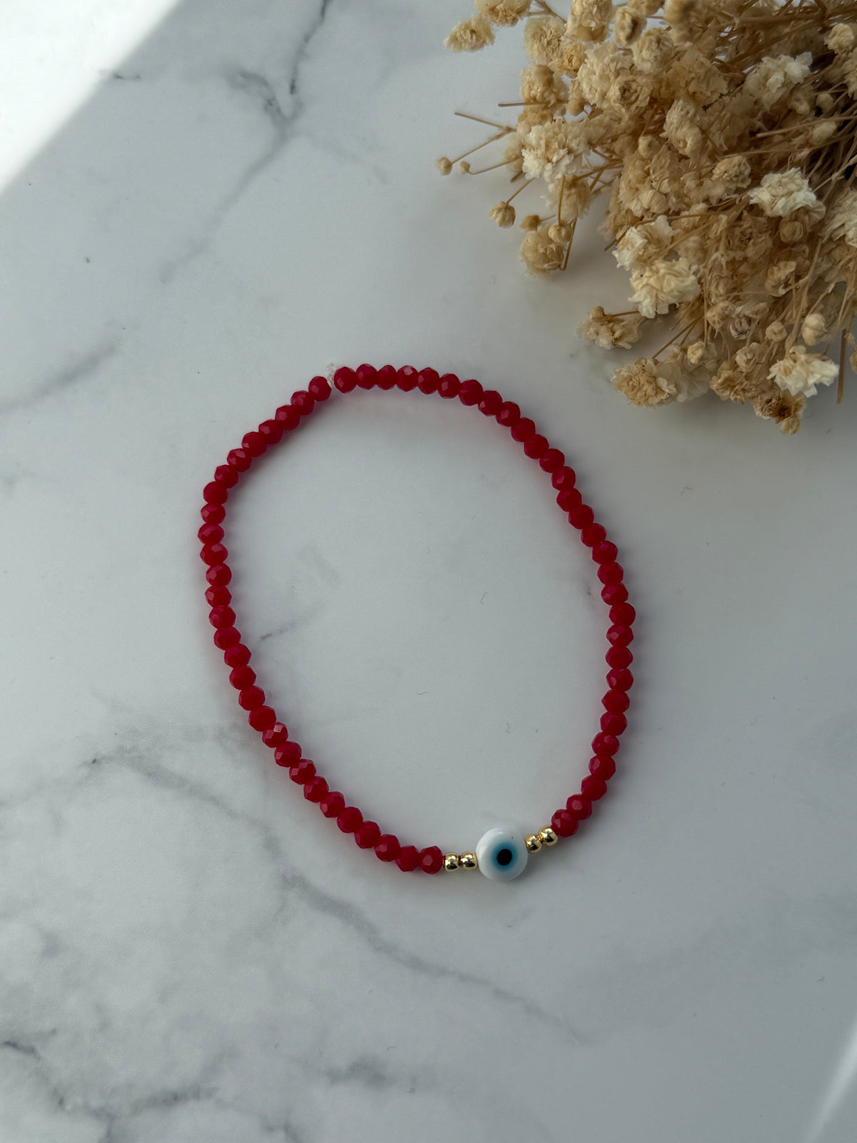 Perlenarmband mit Roten Kristallperlen + Goldenen Perlen + Nazar Perle - 2397
