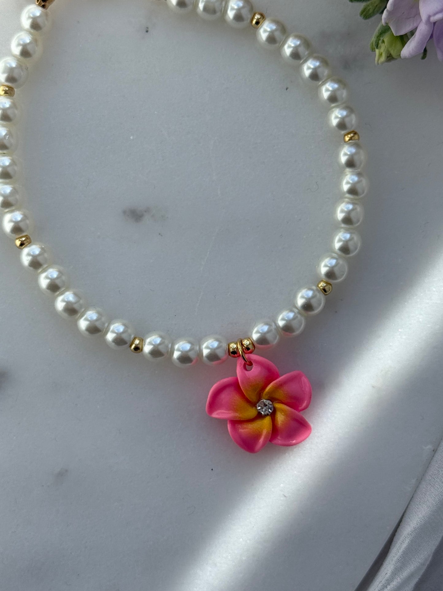 Fußkette mit Weißen Glasperlen + Blumen Anhänger - 2215