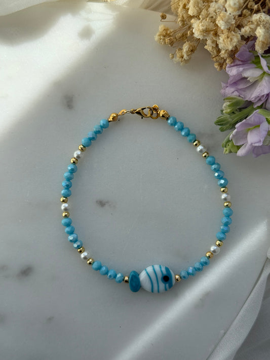 Fußkette mit Blauen Kristallperlen + Fisch Perle - 2214