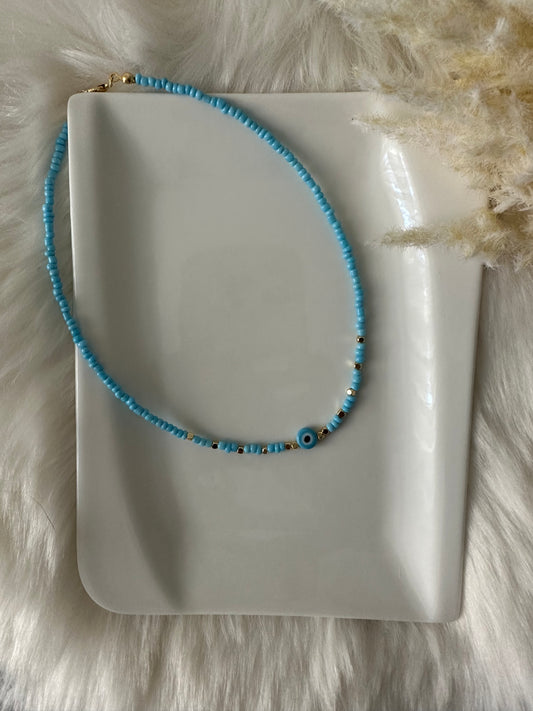 Perlenkette chocker blau mit Nazar - 10113