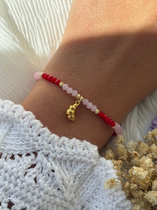 Perlenarmband mit Roten, Rosa Kristallperlen und Goldenen Perlen + Croissant Anhänger - 2240