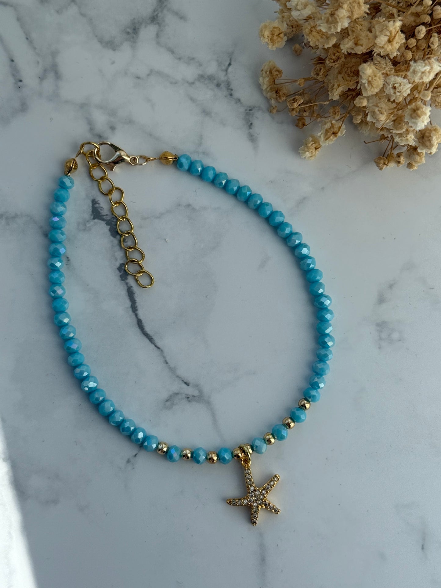 Fußkette mit Blauen Kristallperlen, Goldene Perlen + Seestern Anhänger - 2344