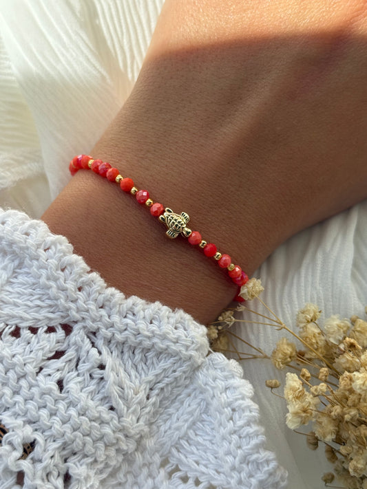 Perlenarmband mit Orangen Kristallperlen und Goldenen Perlen + Schildkröten Anhänger - 2247