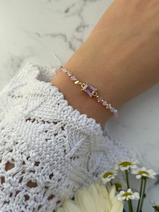 Perlenarmband mit Rosa Kristallperlen und Goldenen Perlen + Zirkonia Anhänger - 2038