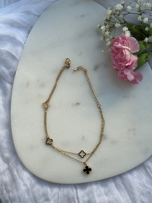Fußkette mit Kleeblättern Schwarz - 10651