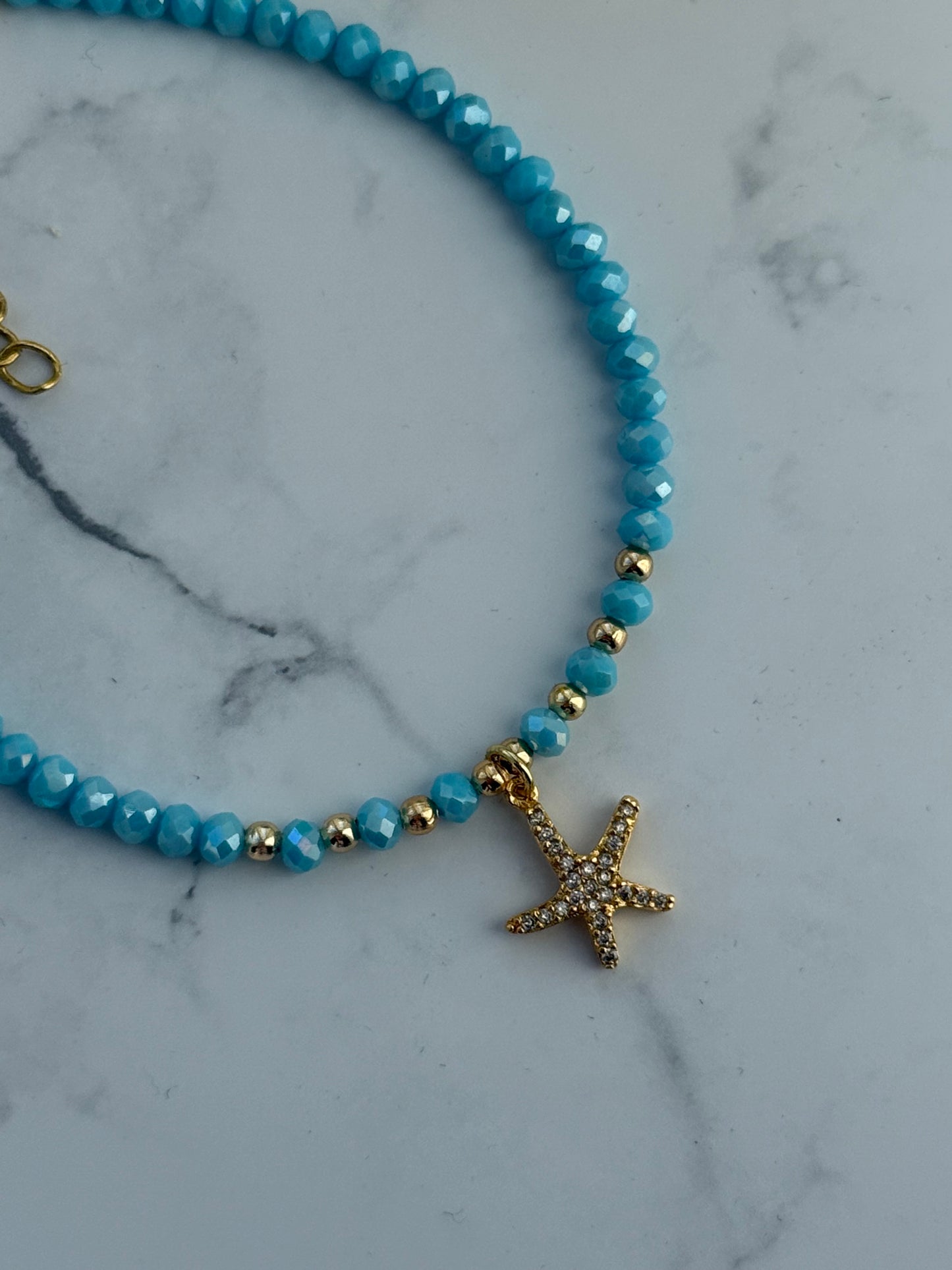 Fußkette mit Blauen Kristallperlen, Goldene Perlen + Seestern Anhänger - 2344