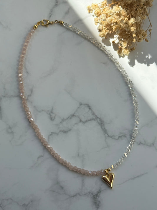 Perlenkette mit Rosa und Durchsichtigen Kristallperlen + Herz Anhänger - 2367