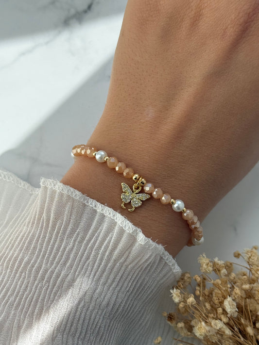 Perlenarmband mit Beigen Kristallperlen, Weißen und Goldenen Perlen - 2390